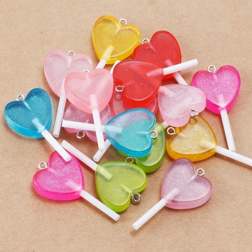 Resin Craft Projects - 10個入り カワイイキラキラハートロリポップ レジンチャーム グリッターキャンディペンダント 手作り装飾品 イヤリングキーホルダー作り用